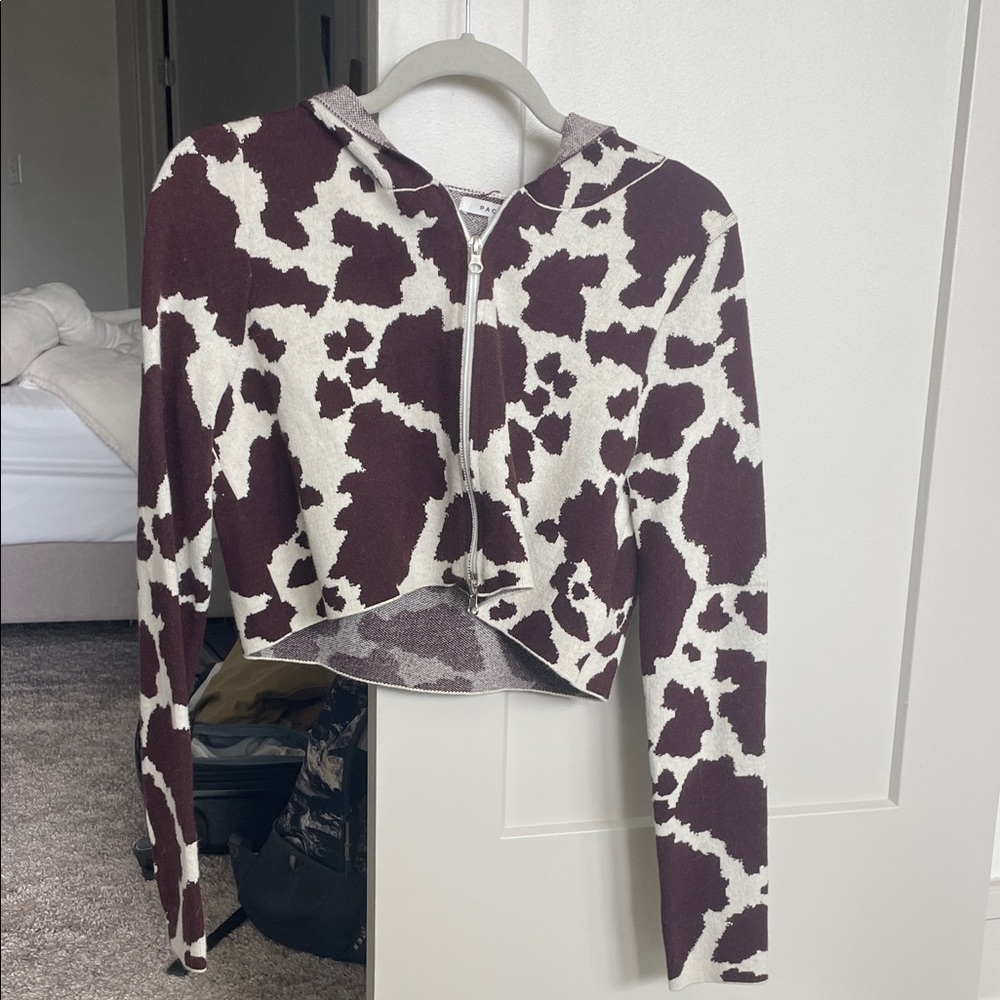 Cropped Zip-Up Hoodie in Brown and Cream Cow Print